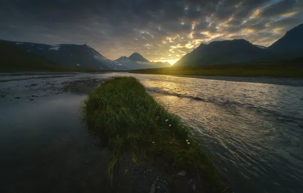 Grass, clouds, landscape, sunset, mountains, clouds, nature, river