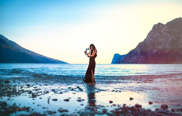 Picture girl, mountains, lake, rocks, candle