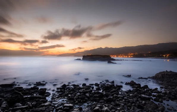 Picture sea, beach, light, stones, dawn, island
