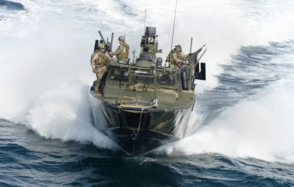 Picture wave, weapons, boat, soldiers, sea, RCB, command