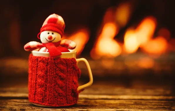 Picture New Year, Christmas, Cup, snowman, fireplace, Christmas, cup, Merry Christmas