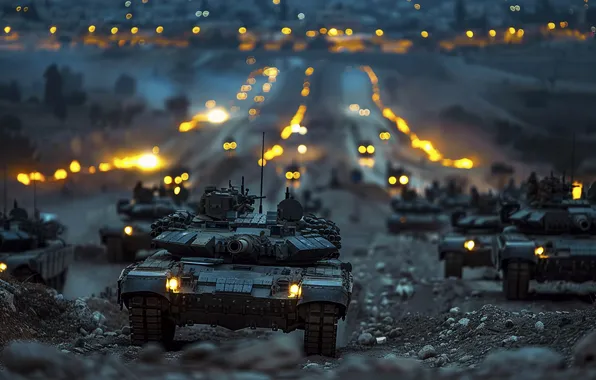 Picture Road, Lights, Night, Tanks, Digital art, Column, AI art, The Art of Artificial Intelligence