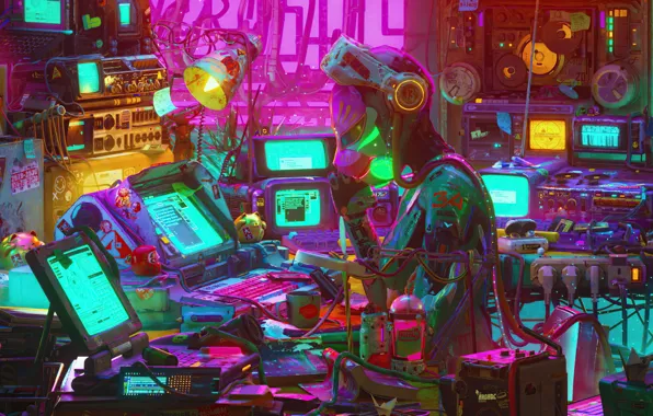 Bright colors, technique, mask, computers, monitors, equipment, equipment, hacker