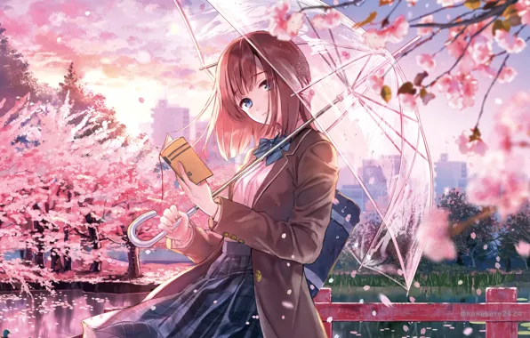 Girl, Park, spring, umbrella, Sakura, book