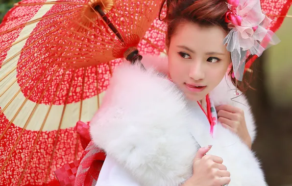 Picture face, style, umbrella, fur, Asian