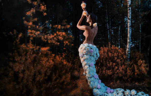 Chest, trees, flowers, nature, back, train, brunette, twilight