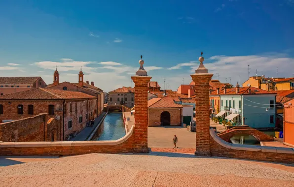 Building, home, Italy, channel, bridges, Italy, Comacchio, Comacchio