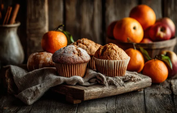 Board, oranges, cupcakes, AI art, neural network