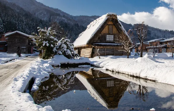 Winter, water, clouds, snow, trees, mountains, house, reflection