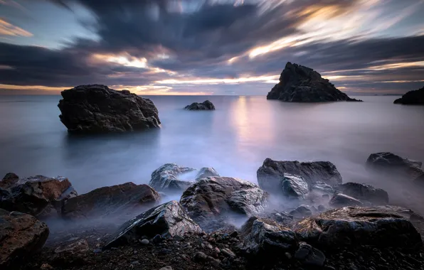 Sea, the sky, clouds, sunset, stones, rocks, shore, rocky