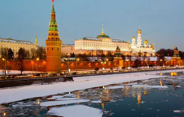 Ice, winter, city, river, Moscow, The Kremlin, Russia, Russia