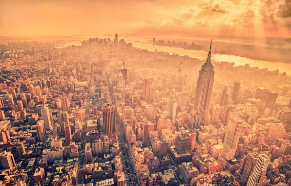 Clouds, machine, the city, the ocean, home, skyscrapers, horizon, haze