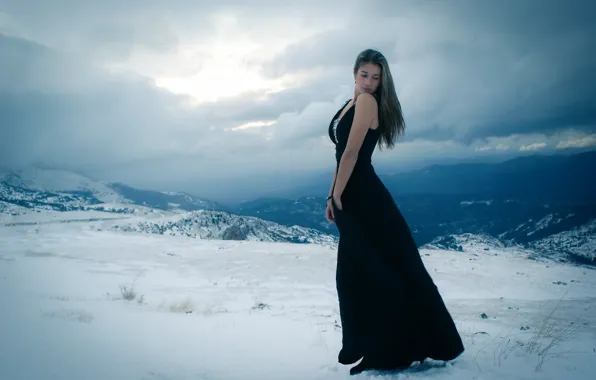 Picture girl, snow, mountains, dress, One with the winter