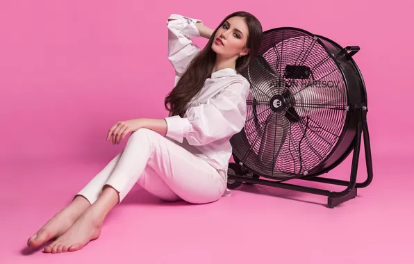 Picture look, girl, pose, feet, fan, pink background, pants, Anton Kharisov