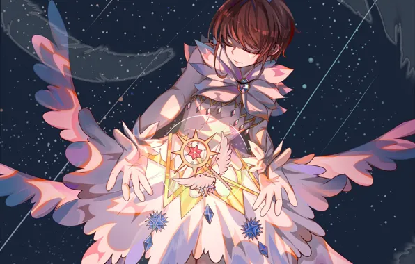 Space, wings, angel, feathers, girl, Card Captor Sakura, Sakura - collector cards