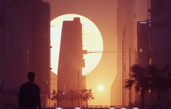 Sunset, The sun, The city, The moon, People, Star, Light, Style