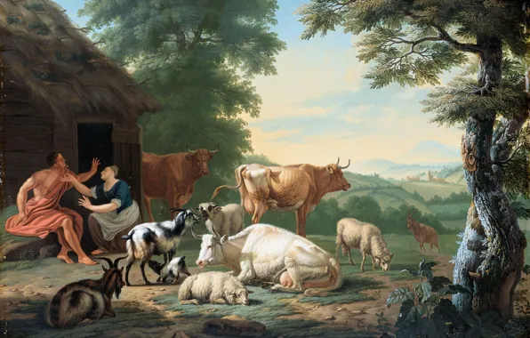 Animals, oil, picture, Arcadian Landscape with Shepherds and Cows, Jan van Rumble