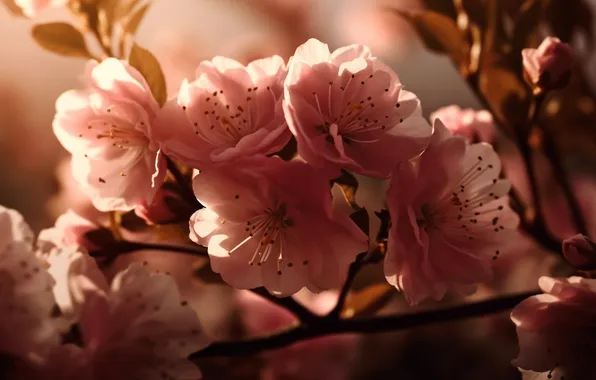 Light, flowers, branch, spring, Sakura, pink, flowering, almonds