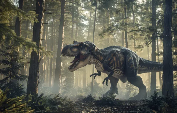Picture Trees, Forest, Predator, Dinosaur, Animal, Digital art, Tyrannosaurus, Tyrannosaurus Rex