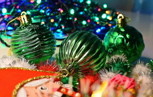Balls, holiday, green, Christmas, New year, tinsel, garland, bokeh
