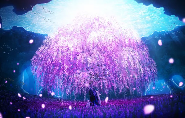 Sakura, fantasy, cave, flowering, under water, boys