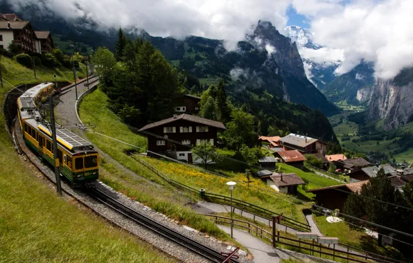 Clouds, trees, mountains, train, home, Switzerland, valley, slope