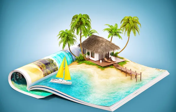 Picture sea, the sun, house, tropics, palm trees, creative, background, island