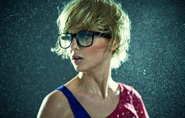 Girl, drops, macro, rain, wet, blonde, glasses, dewdrops