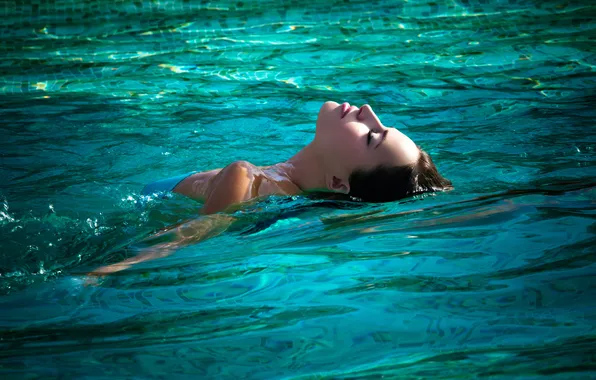 Swimsuit, girl, hair, pool, makeup, lips, profile, floats