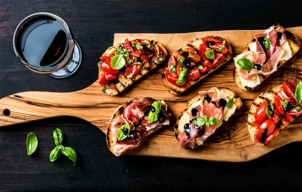 Glass, bread, vegetables, red wine, sandwiches, Basil, tomatoes-cherry