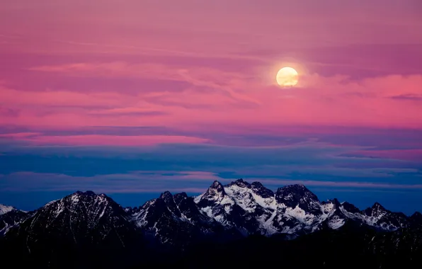 Snow, landscape, sunset, mountains, the moon, Alps