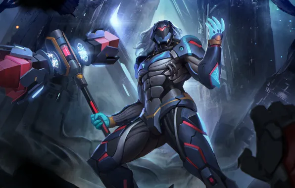 Fiction, hammer, art, armor, cyborg, Heroes of Newerth, Hammer storm, F.L.E.X.