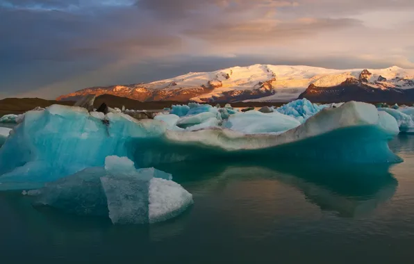 Snow, mountains, Bay, Iceland, icebergs