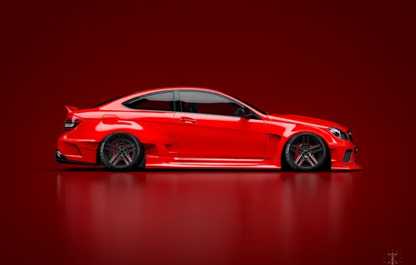 Mercedes-Benz, Red, Auto, Machine, Mercedes, Car, C63, Widebody