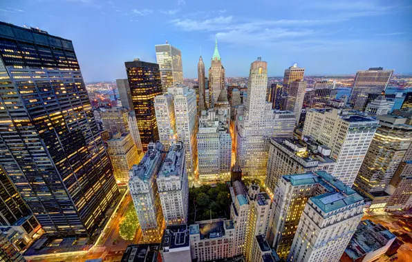 The city, lights, building, home, New York, skyscrapers, the evening, roof