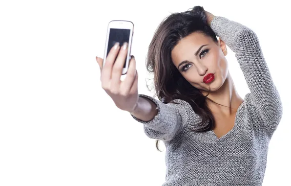 Kiss, brunette, white background, selfie, beautiful woman, charming