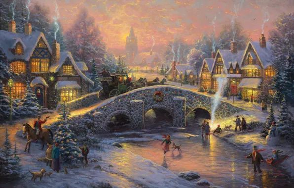 Bridge, snow, village, dogs, wagon, Thomas Kinkade, snowman, christmas tree