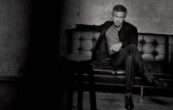 Room, sofa, costume, actor, black and white, photoshoot, stool, Vincent Cassel