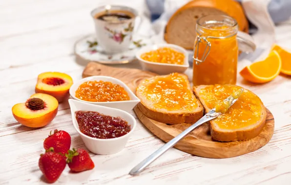 Picture coffee, Breakfast, strawberry, bread, jam, apricots