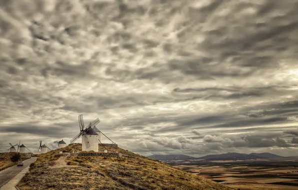 Picture Spain, windmill, castilla la mancha, Wide is Castile