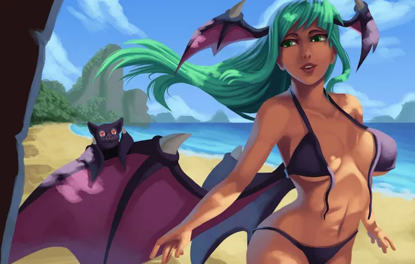 Beach, swimsuit, shore, Morrigan, succubus