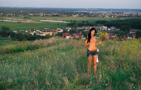 Girl, grass, sexy, shorts, erect nipples, green eyes, long hair, trees