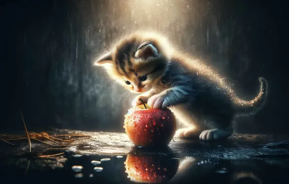 Cat, look, water, drops, light, the dark background, kitty, grey
