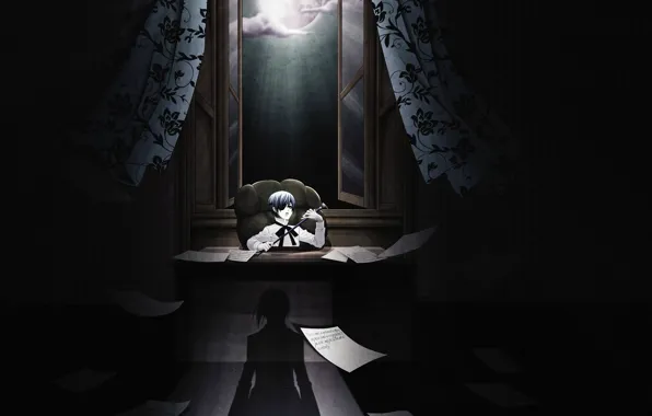 Night, paper, shadow, chair, boy, window, cane, curtains