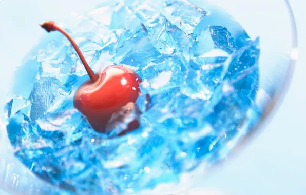 Ice, glass, red, transparent, blue garbage, cherry, glass