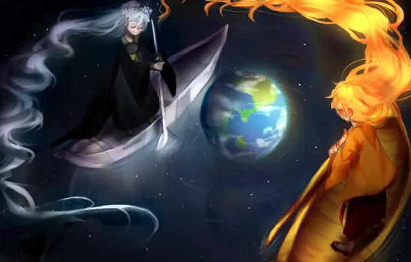 Space, river, girls, The sun, boats, The moon, fantasy, Earth