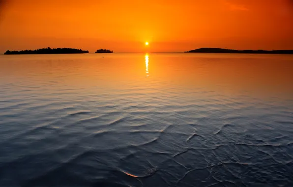 The sky, the sun, sunset, lake, island, ruffle, horizon