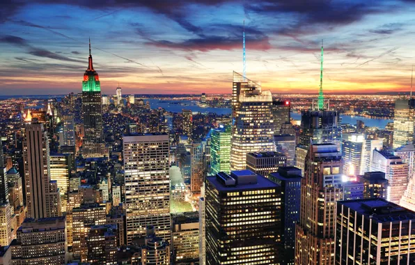 Sunset, the city, lights, building, home, New York, skyscrapers, the evening