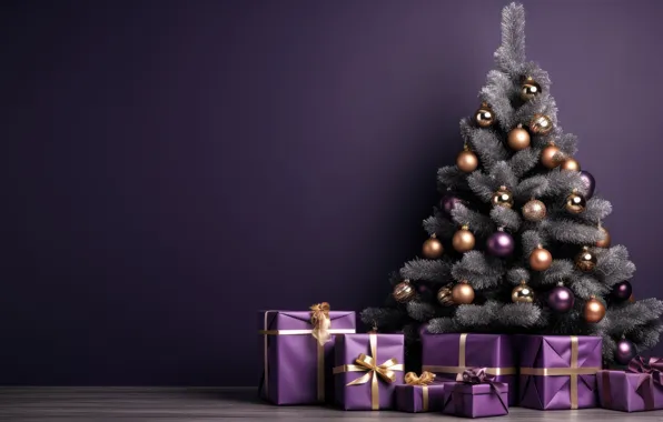 Balls, the dark background, Christmas, purple, gifts, New year, tree, bows