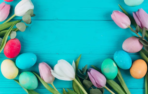 Flowers, eggs, spring, Easter, tulips, easter